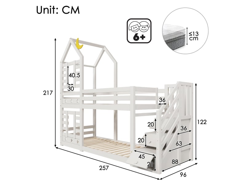 Lit superposé enfant cabane 90x200 cm avec rangements et tiroirs blanc - Conforama E