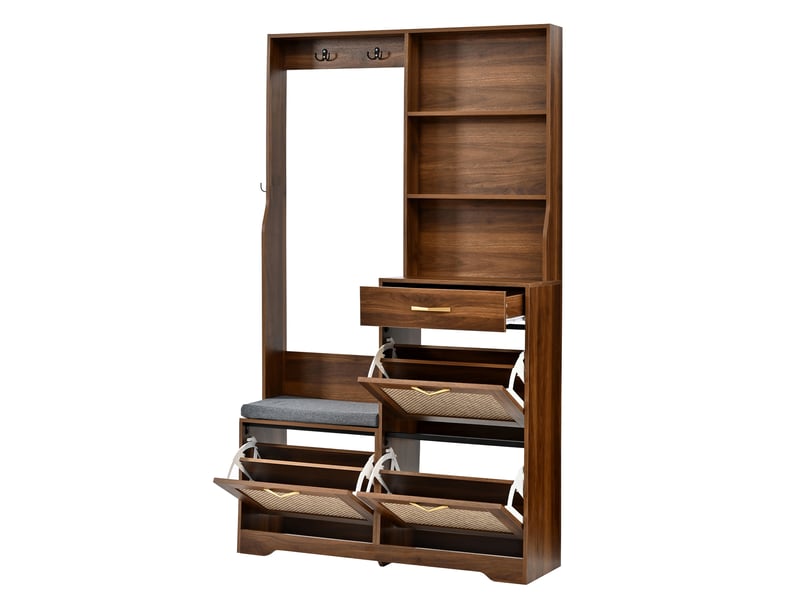  Meuble d'entrée vestiaire - 100x30x170cm - meuble chaussures 3 abattants, banquette assise, tiroir &amp; rotin - bois foncé  - Conforama A