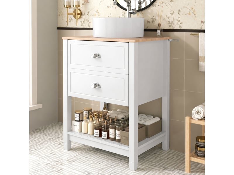  Meuble vasque salle de bains 60 cm blanc et bois clair avec vasque ronde en céramique  - Conforama D