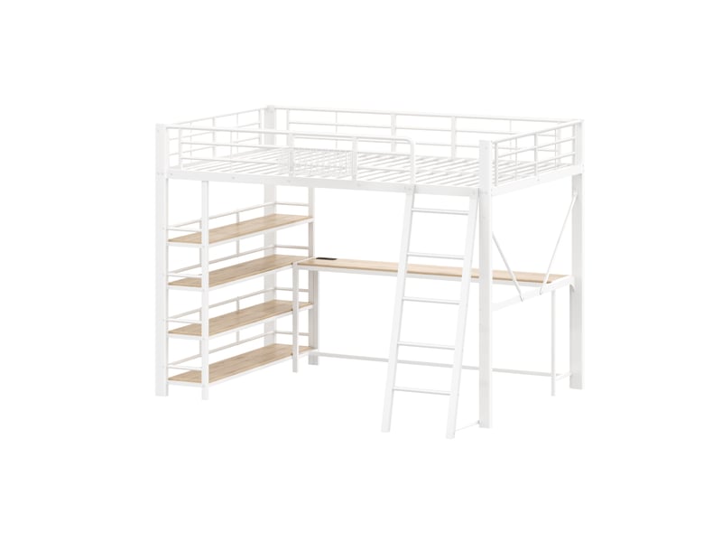  Lit mezzanine pour enfant 140 x 200 cm, avec bureau, rangements, prise usb et éclairage led, blanc  - Conforama E