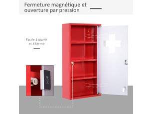 Armoire à pharmacie 3 étagères 4 niveaux verrouillable porte verre dépoli trempé logo croix 30l x 12l x 60h cm acier rouge