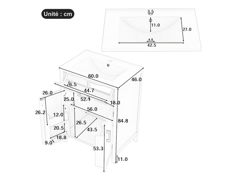 Meuble salle de bain sur pied meuble vasque 60 cm blanc moderne avec vasque en céramique intégrée - Conforama E