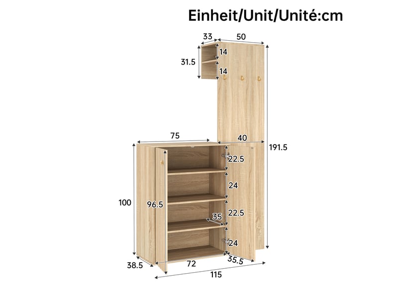  Vestiaire d'entrée 115 x 38,5 x 191,5 cm, patères, étagères réglables, rangement haut, portes rainurées, mdf naturel ABC - Conforama C