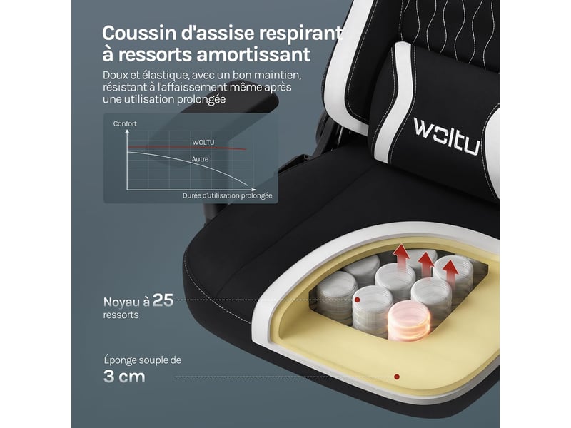  Chaise gaming, avec dossier inclinable appui-tête,repose-pieds rétractable, en maille, noir  - Conforama D
