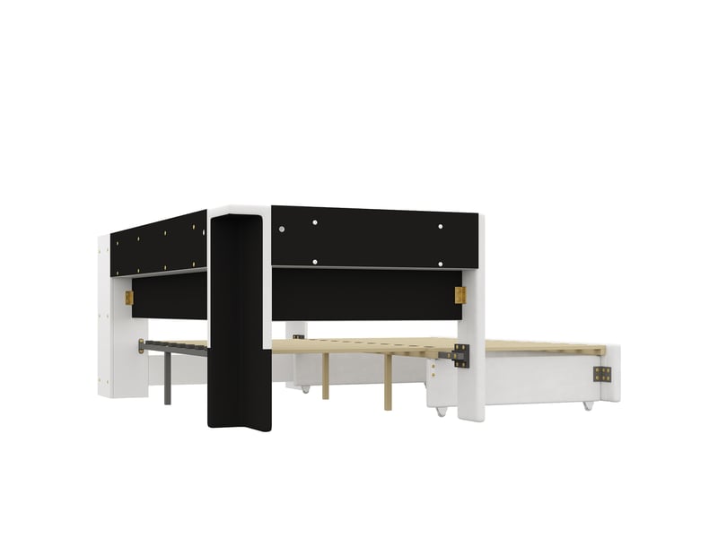 Lit gigogne extensible 90/180x200 cm avec bureau, led 7 couleurs, ports usb, tissu lin blanc, sans matelas - Conforama E