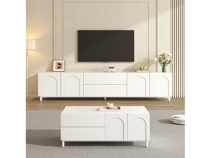  Meuble tv avec 4 portes et 2 tiroirs, table basse assortie 2 portes et 2 tiroirs, en mdf blanc pour salon moderne  - Conforama B