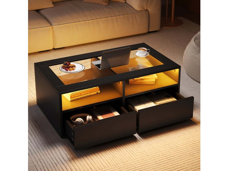  Table basse led 100 x 50 x 35 cm, 2 tiroirs, verre trempé et rangements ouverts, noire  - Conforama B