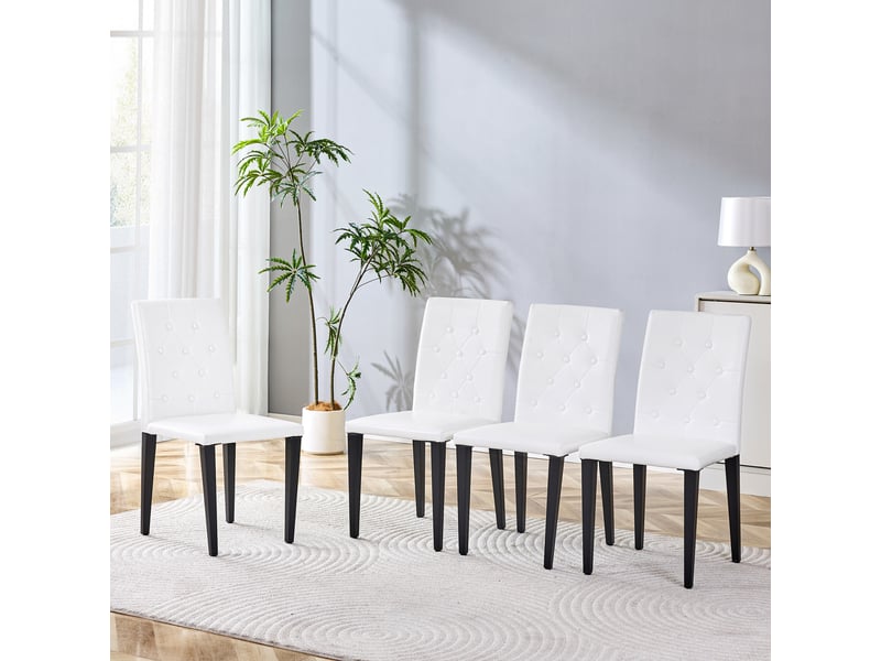  Lot de 4 chaises de salle à manger en cuir pu blanc, pieds en métal noir mat, dossier matelassé  - Conforama R