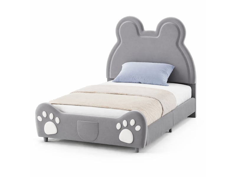  Lit enfant 200×90 cm en forme d’ours, capitonné en velours gris, avec structure en métal et bois  - Conforama A
