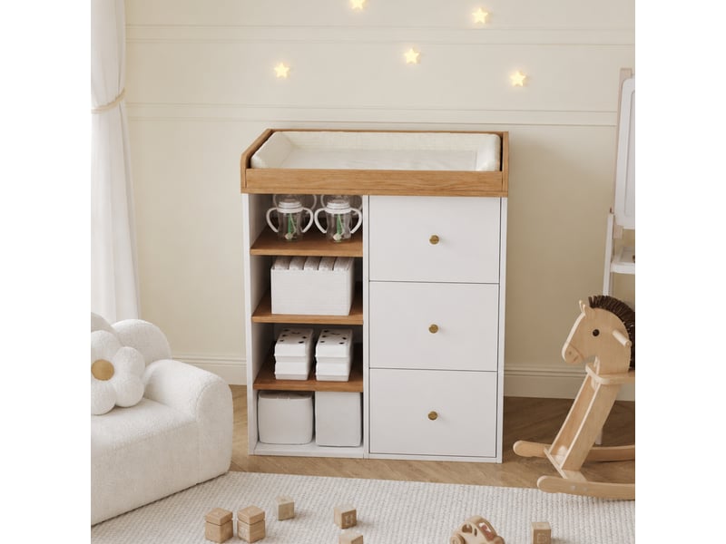 Commode à langer - 82x50x100 cm - commode à langer avec plan à langer, 3 tiroirs et étagères ouvertes - blanc et effet bois - Conforama D