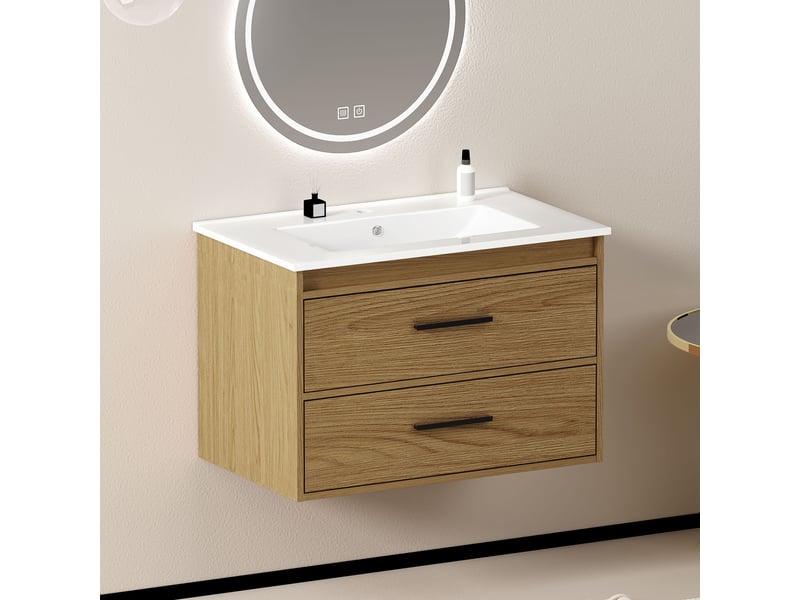 Meuble de salle de bain à 2 tiroirs - lpospi - rangement en mdf et céramique chêne clair 75 cm - Conforama B