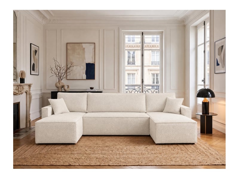  Farah - canapé d'angle panoramique convertible 6 places accoudoirs slim en tissu bouclettes généreuses  - Conforama B