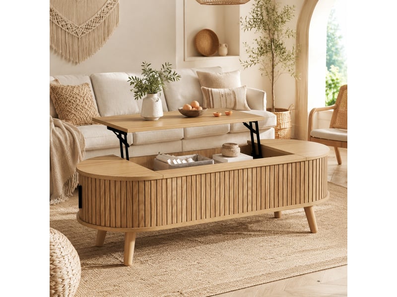 Table basse relevable 120x50x39,5 cm avec rangement, mdf, coloris bois naturel - Conforama C