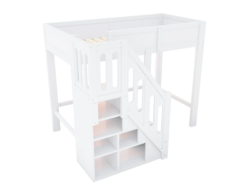 Lit mezzanine 90x200 cm, lit combiné, escalier avec rangement, éclairage led, support à lattes stable, construction robuste et durable, pin blanc CozyNest - Conforama E