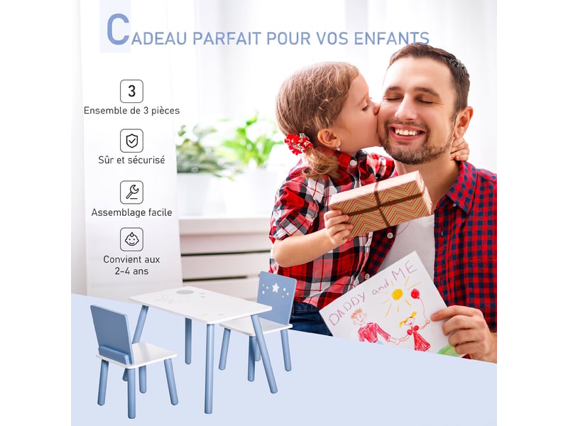  Table enfant avec chaise, ensemble table et 2 chaises en bois pour dessiner, jouer, étudier, bleu  - Conforama W