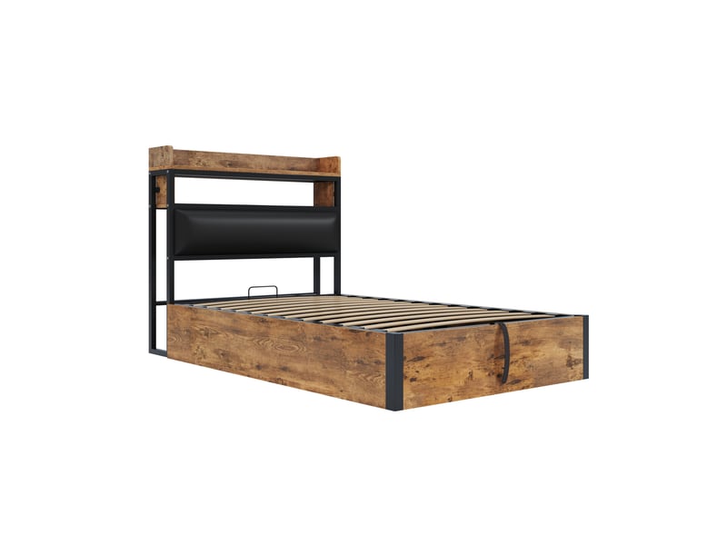  Lit coffre enfant 90x200 cm, rangement et étagère, port usb, motif de bois, sommier, tissu noir, sans matelas  - Conforama E