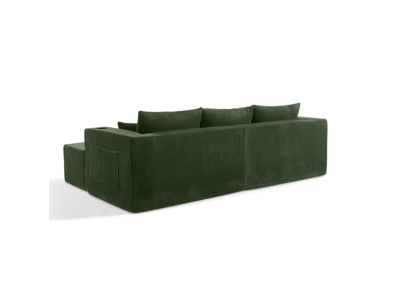  Canapé d’angle 3 places modulable en l vert en velours côtelé avec deux ottomans mobiles, porte-gobelets et coussins  - Conforama W