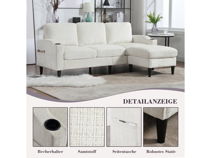  Canapé 4 places, canapé de salon – en velours, porte-gobelets, poches latérales, avec pouf, avec rangement, avec accoudoirs  - Conforama E