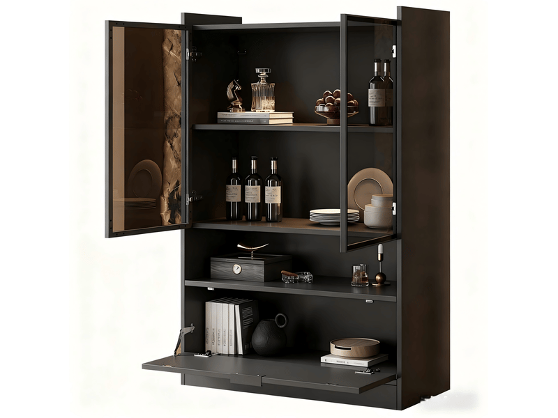  Vitrine 2 portes vitrées, abattant, éclairage led piloté par application pour salon noir mat 80 × 35 × 120 cm  - Conforama A