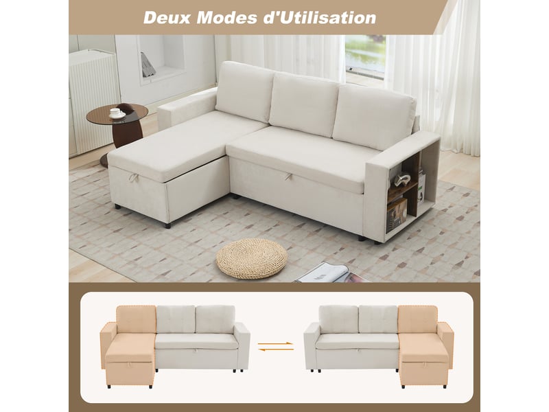  Canapé d'angle avec rangement,3 places,tablettes accoudoirs,en chenille,charge 120 kg,montage facile,beige,202x136x85 cm  - Conforama D