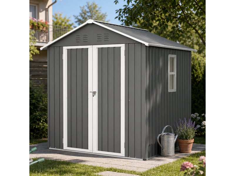  Abri de jardin en métal 184,8 x 182 x 191,1 cm, rangement extérieur avec fenêtre, double porte verrouillable, aérations et base, gris Luxe haut de gamme - Conforama B