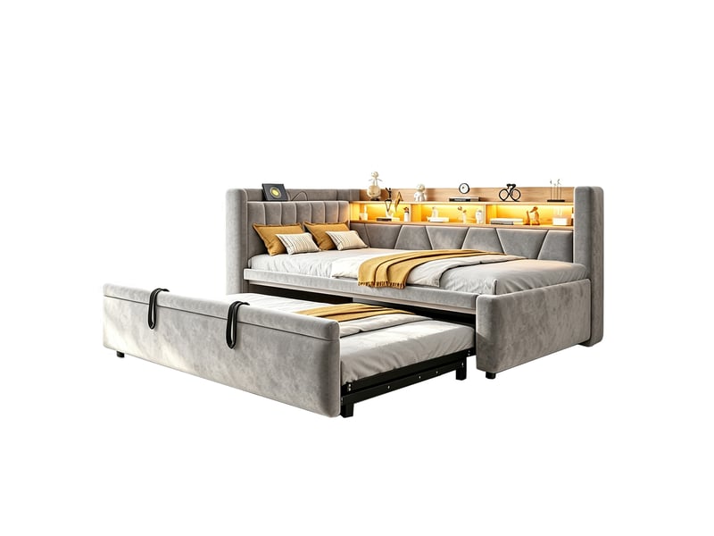  Lit gigogne 90x200 cm en velours avec led, usb et rangement, canapé-lit 3-en-1 extensible en 180x200 cm, lit enfant et adolescent moderne, gris  - Conforama A