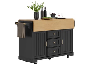 Îlot de cuisine mobile noir 120 × 40–80 × 95cm, plateau rabattable, 3 tiroirs, 2 portes
