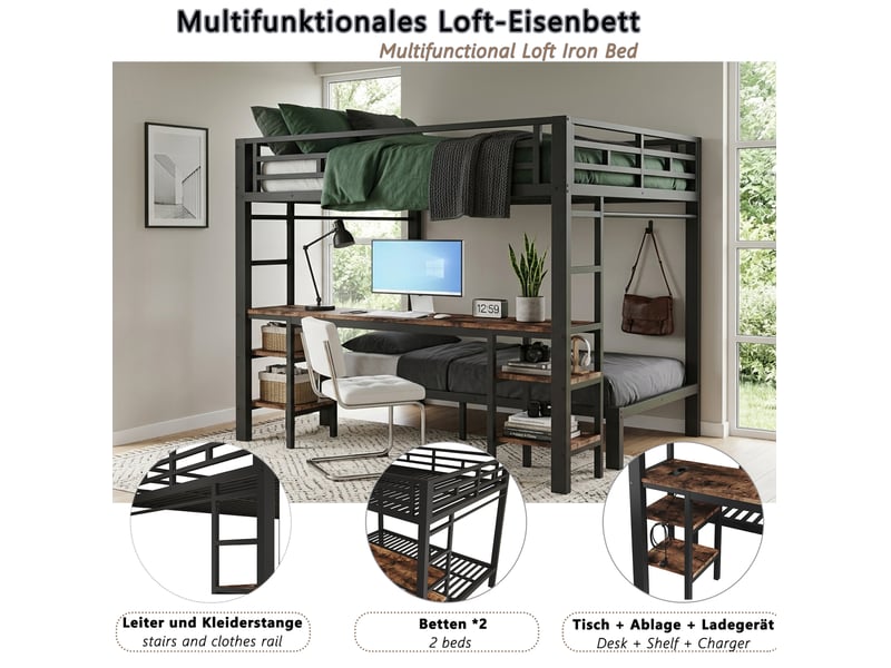  Lit superposé 3 places 140 × 200 cm et 90 × 200 cm avec bureau, penderie et usb, sans matelas, noir  - Conforama E