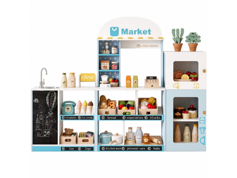  Marché ludique enfant 155x30x107,5 cm – bleu – étagères, tableau à craie et robinet avec réfrigérateur  - Conforama A