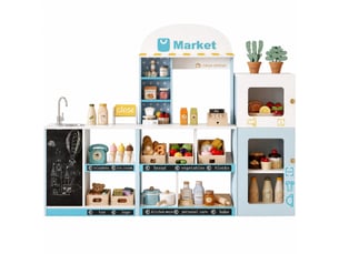Marché ludique enfant 155x30x107,5 cm – bleu – étagères, tableau à craie et robinet avec réfrigérateur