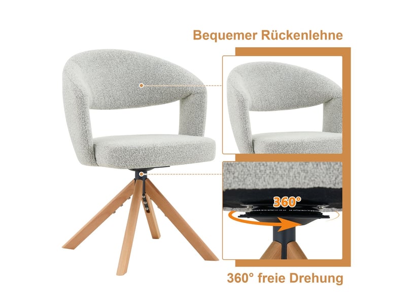 Lot de chaises 2 pièces chaise repas rotation silencieuse à 360° style rétro luxe tissu structuré gris clair pieds en bois massif dossier courbé usage - Conforama D