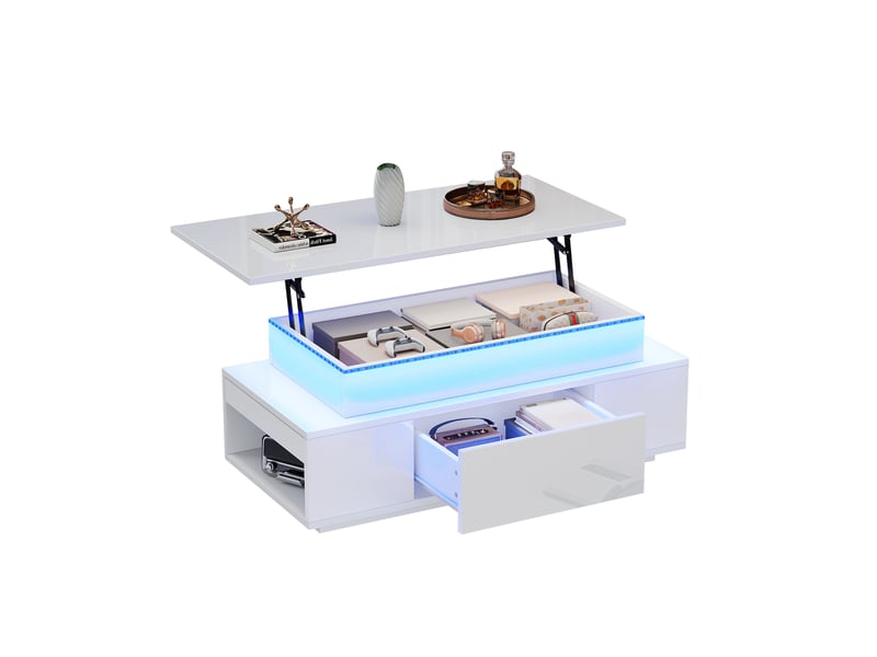  Table basse relevable avec tiroir, rangements et led pour salon 96×45×40 cm en panneaux de particules blanc  - Conforama A