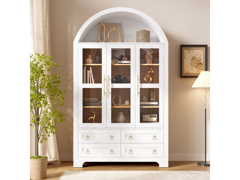 Buffet et armoire de salon avec 3 portes, 4 tiroirs et niche ouverte en arche, vaisselier avec poignées en aluminium, panneaux et mdf - Conforama B