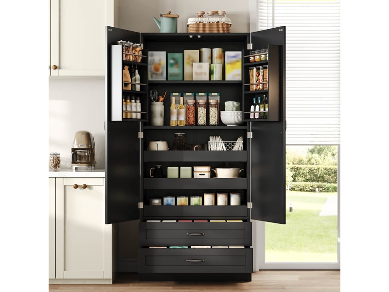  Buffet de cuisine noir 180x80x37,5 cm, meuble haut en mdf avec 2 tiroirs intégrés et étagères coulissantes pour rangement cuisine  - Conforama W
