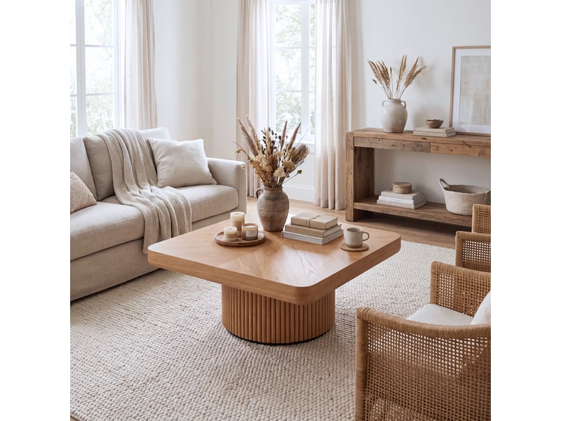  Table basse carrée à plateau façon parquet et pied central bois naturel 78 × 78 × 38 cm IKSETERA TRADING LTD - Conforama R