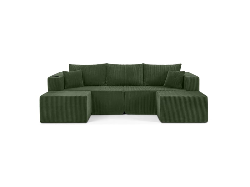 Canapé d'angle modulaire 3 places avec ottomanes mobiles, porte-gobelets et poches latérales en velours côtelé vert - Conforama A