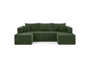 Canapé d’angle modulable 3 places avec poufs mobiles, porte-gobelets, poches latérales et coussins en velours côtelé vert