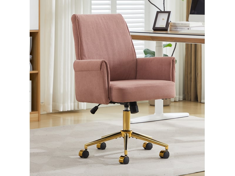  Fauteuil de bureau réglable en hauteur en velours côtelé rose, base métal doré et soutien lombaire ergonomique  - Conforama B