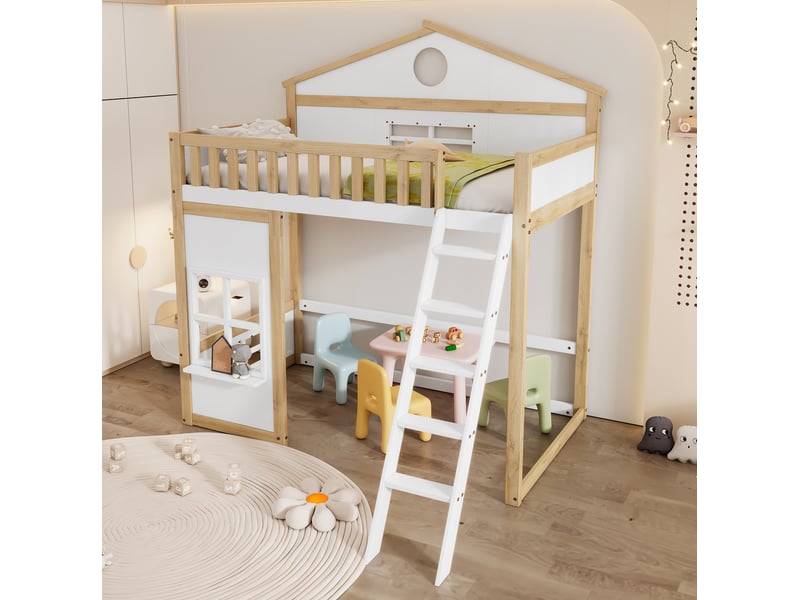  Lit surélevé enfant 90x200 cm avec toit, escalier, barrières, blanc et naturel  - Conforama D