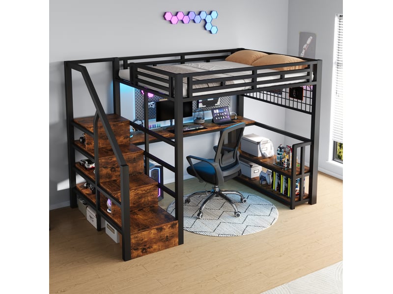  Lit mezzanine enfant 140 x 200 cm noir avec bureau, rangements, led et prises usb  - Conforama C