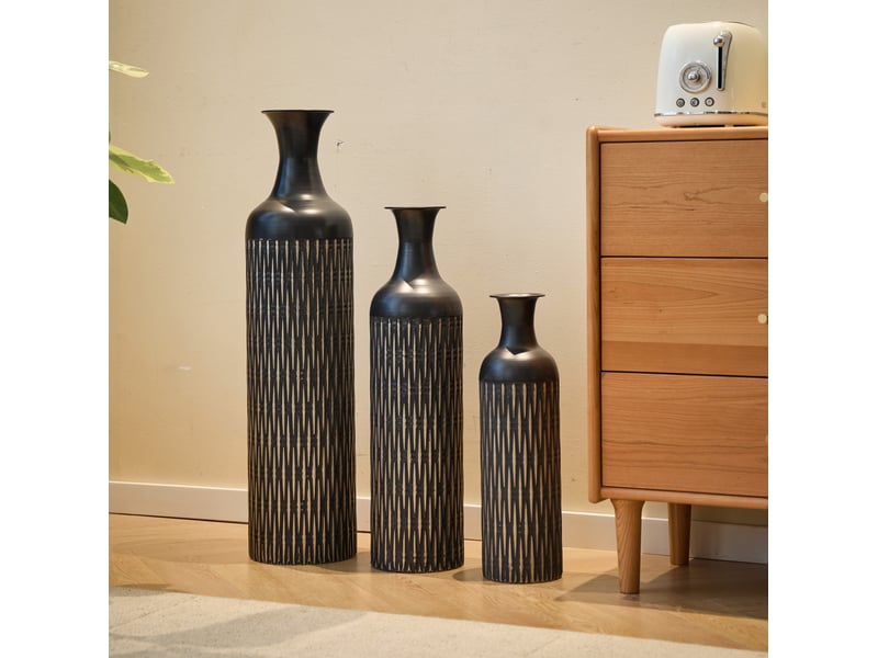  Lot de 3 vases de sol en métal noir à relief vertical, pour fleurs séchées et décoration de style industriel  - Conforama B