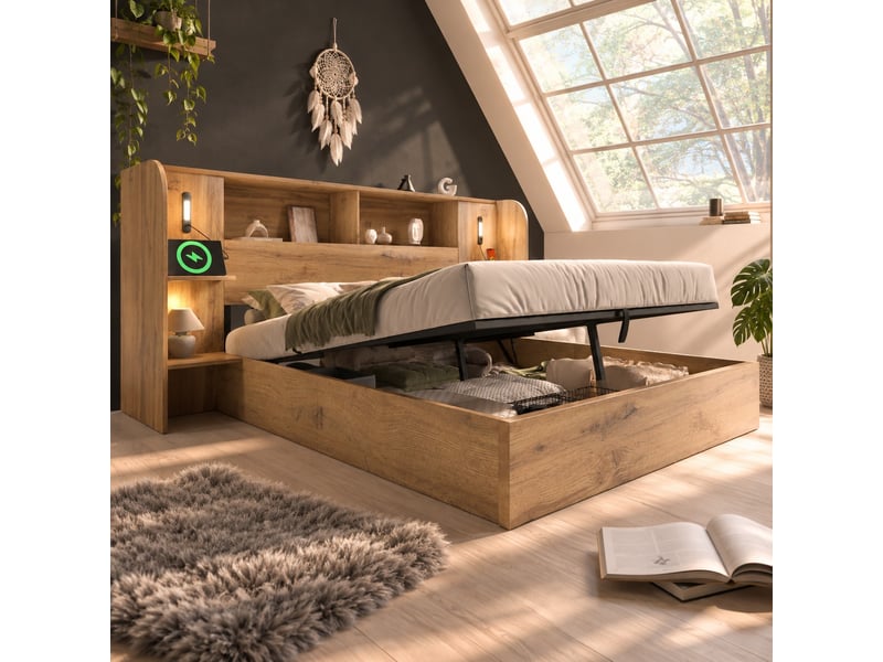  Lit coffre 160x200 cm, rangement hydraulique, 2 tables de chevet, liseuse, éclairage led, usb et usb-c pour chambre - chêne  - Conforama B