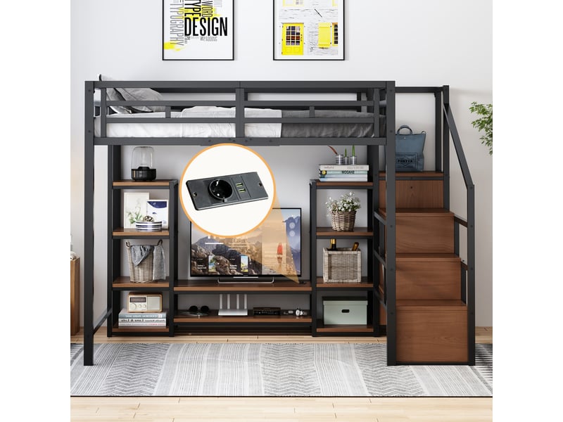  Lit mezzanine 140×200 cm avec meuble tv, prise et échelle sécurisée, noir  - Conforama B