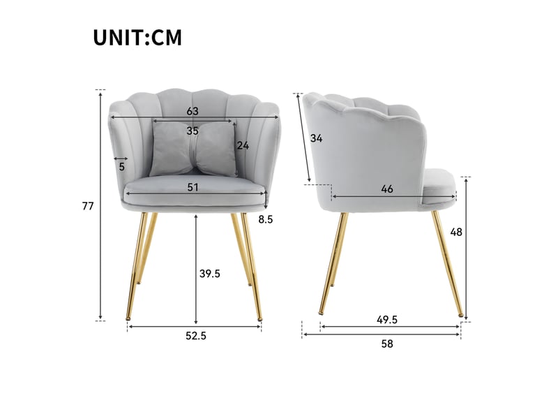  Fauteuil en velours avec dossier pétale, coussin papillon et pieds métalliques dorés réglables gris  - Conforama D