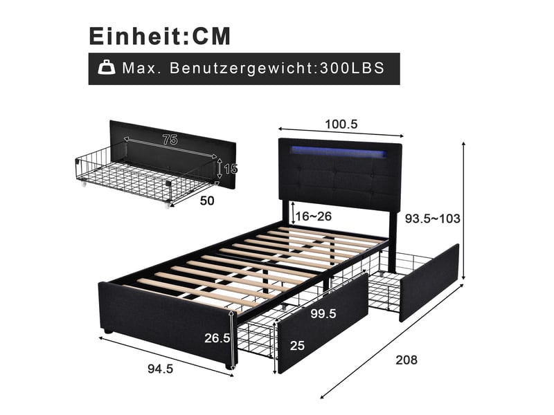  Lit rembourré 90 × 200 cm 1 place avec 2 tiroirs, led réglable, tête de lit ajustable, matelas inclus, noir  - Conforama D