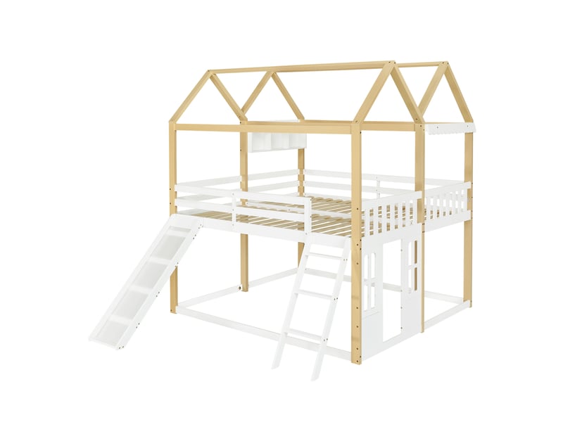 Lit mi-hauteur enfant avec toboggan, échelle réversible et espace de jeu - 90 x 200 cm - blanc et naturel  - Conforama A