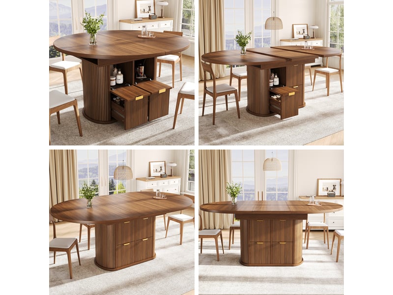  Table de salle à manger ovale extensible 118158x118x76,8 cm pour 4 à 6 personnes, rangements rabattables, rayures en relief - marron foncé  - Conforama D