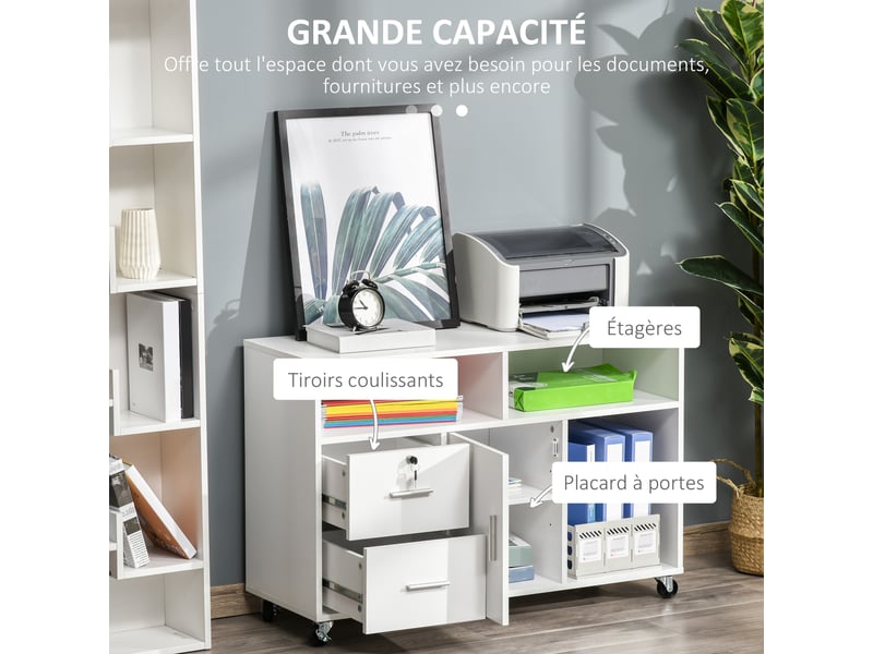  Support d'imprimante à 2 tiroirs meuble de rangement sur roulettes étagères ouvertes et placard, 100 x 35 x 65 cm, blanc  - Conforama D