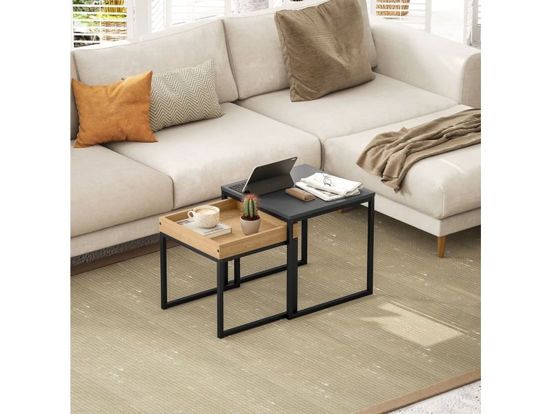 Tables basses gigognes 2 pièces avec plateau amovible, piètement en acier et mdf mélaminé, noires pour salon - Conforama E