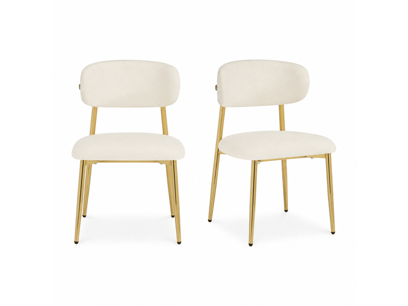  Lot de 2 chaises de salle à manger rembourrées blanches, dossier incurvé, pieds en métal doré, patins réglables, charge 125 kg, design moderne  - Conforama A